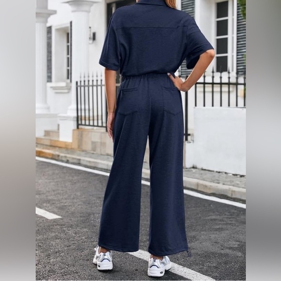 Womens Button Up Collared Short Sleeve High Waisted Drawstring Hem Casual - Picture 3 of 4